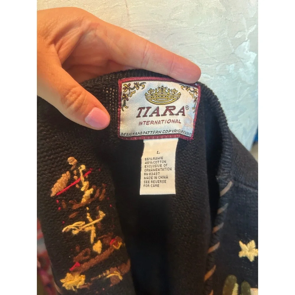 Tiara International Vintage Western Knit‎ Vest Black Cowboy Equestrian Horse L